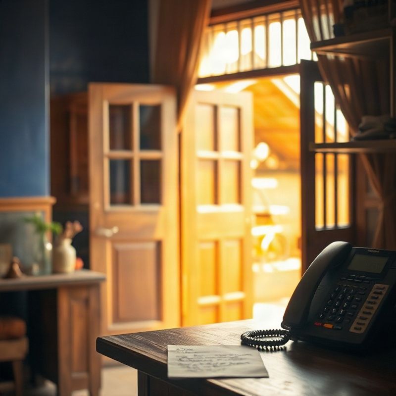 A welcoming Kenyan shop interior with an indigo accent wall and a telephone on a wooden desk