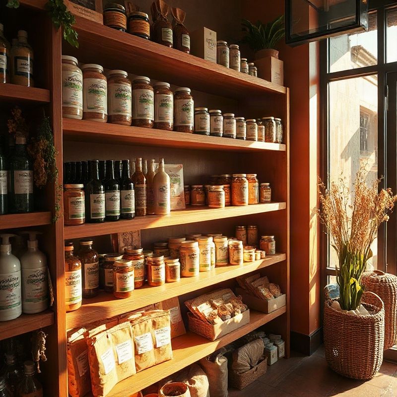 A neatly arranged product shelf in the Orchardcanvasv shop with warm golden light