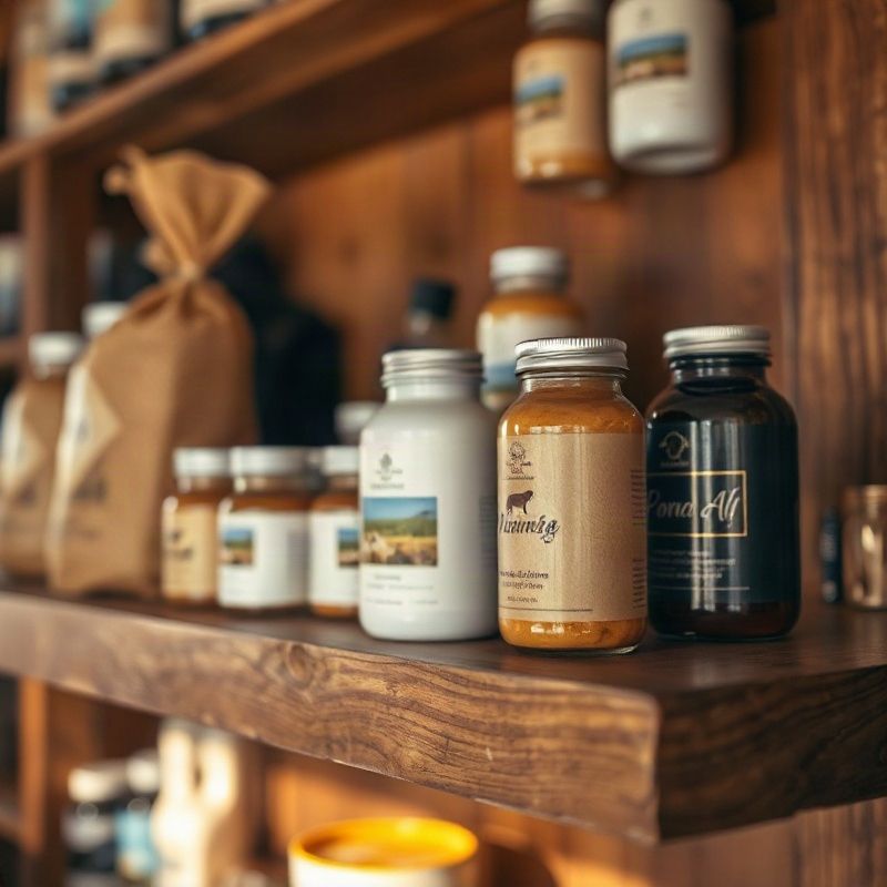 A close-up of carefully selected products on a wooden shelf with an indigo accent detail