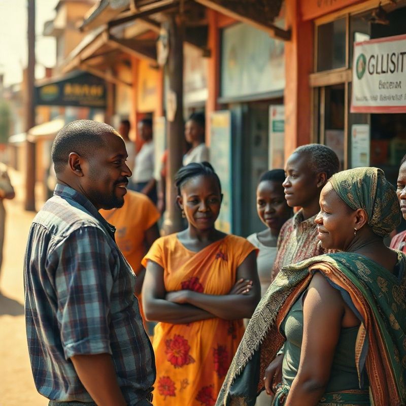 Community members gathering outside a local business on a sunny Eldoret street